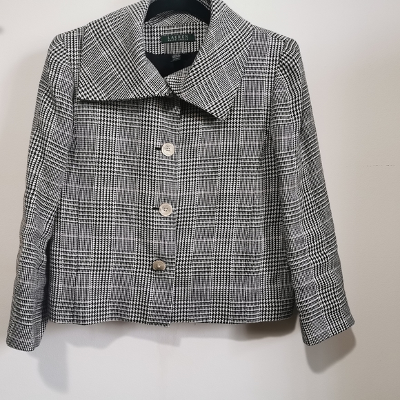 Lauren Ralph Lauren Linen Black, White and Pink Plaid Crop Jacket Size 8 - Picture 2 of 10